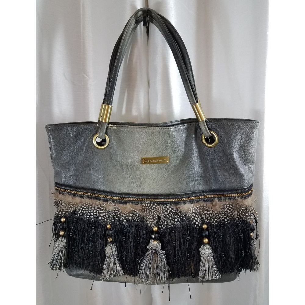 Ombre Grey handbag with feathers and Beads
